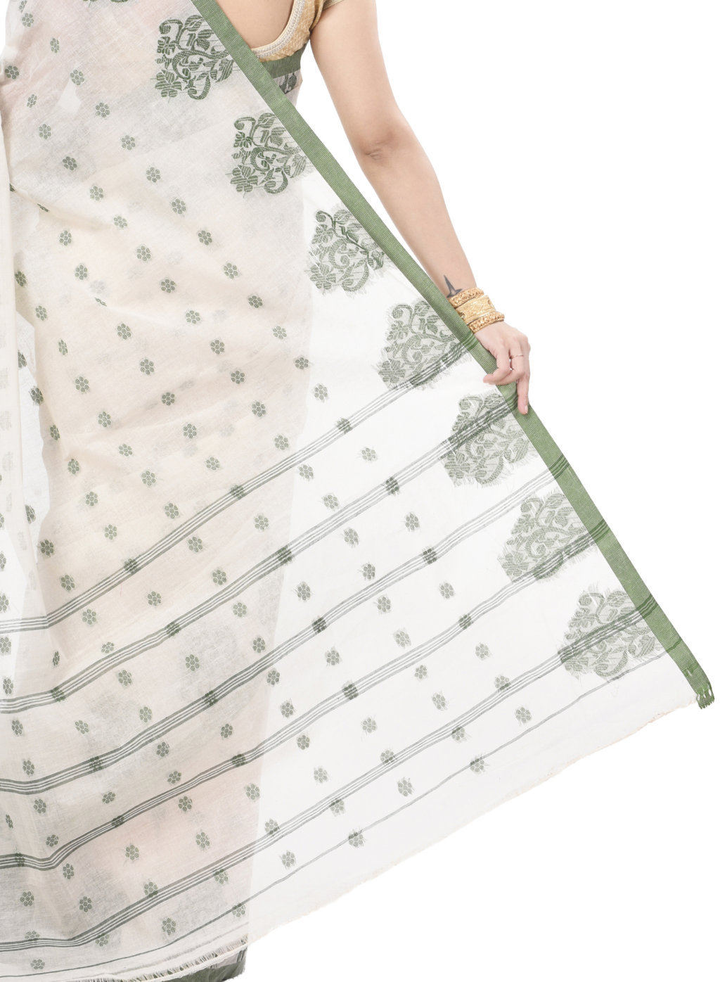 Green Pure Cotton Botgach Tant Saree (519)